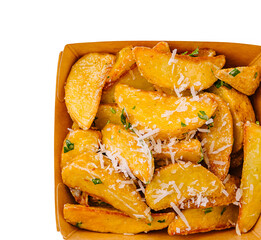 Crispy golden potato wedges topped with cheese and herbs in a box