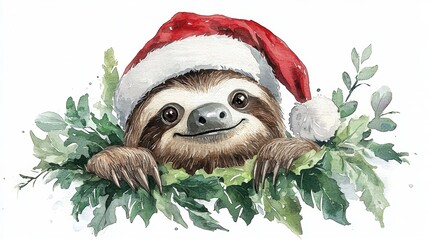 Fototapeta premium Cute Sloth in Santa Hat Watercolor Christmas Animal