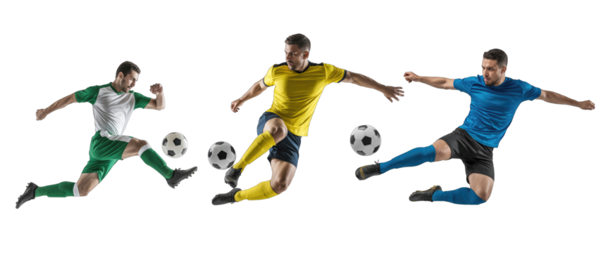 Three male soccer players in action with soccer balls on white isolated on white transparent background png jpg business people clipping path cutout 2025 2026 4k full hd poster banner label download