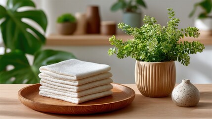 Eco-Friendly Home: A minimalist interior showcases a stack of soft, neutral-toned fabric napkins on a wooden plate beside a potted plant and a decorative element, celebrating sustainable living.