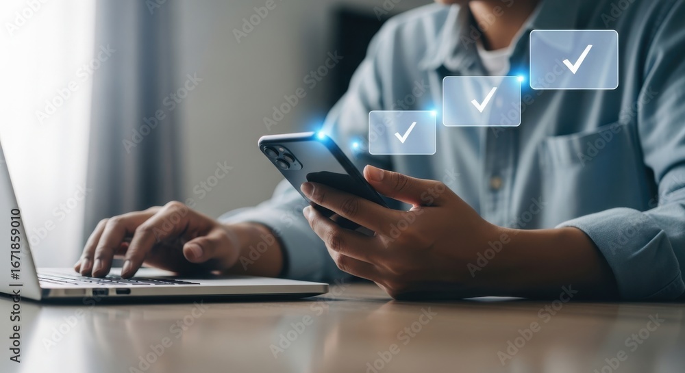 Poster person using a smartphone and laptop, with digital checkmarks indicating task completion and progres