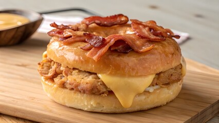 Indulgent Classic Chicken And Cheese Breakfast Doughnut With Crispy Bacon – Savory-Sweet Fast Food Fusion Perfect For A Hearty Morning Treat Packed With Flavor And Creativity