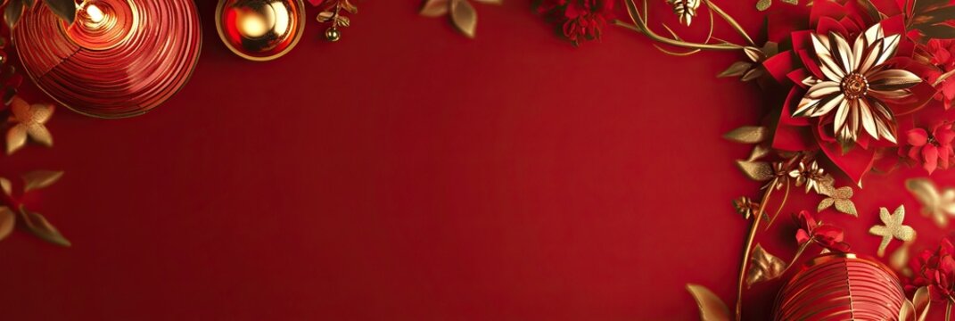 Chinese New Year background with golden lanterns and red flower decorations, a circular frame border 