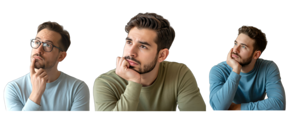 Three men in casual shirts thinking with hands on faces and isolated on white transparent background png jpg business people clipping path cutout 2025 2026 4k full hd poster banner label download