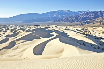 Expansive Golden Sand Dunes under Clear Blue Sky in Rugged Mountain Landscape