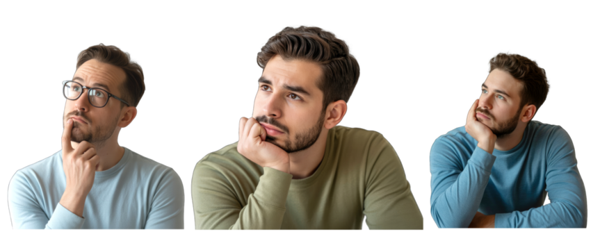 Three men in casual shirts thinking with hands on faces and isolated on white transparent background png jpg business people clipping path cutout 2025 2026 4k full hd poster banner label download