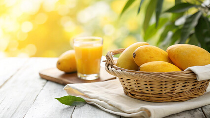 Yellow Mango in basket on white surface in natural warm sunlight background