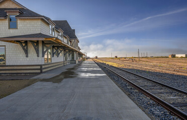 Passenger train platform at the historic Churchill train station in Manitoba, Canada