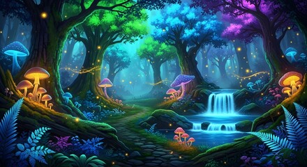 Fototapeta premium Enchanted forest landscape with glowing mushrooms, vibrant trees, and a serene waterfall scene