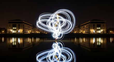 Dynamic light painting performance at night, creating an abstract swirling pattern of white light trails over a calm reflective water surface with buildings in the background
