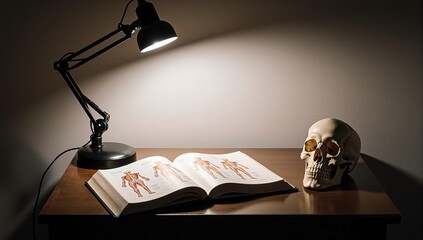 Dark academia aesthetic of a medical student's desk with a skull and anatomy book