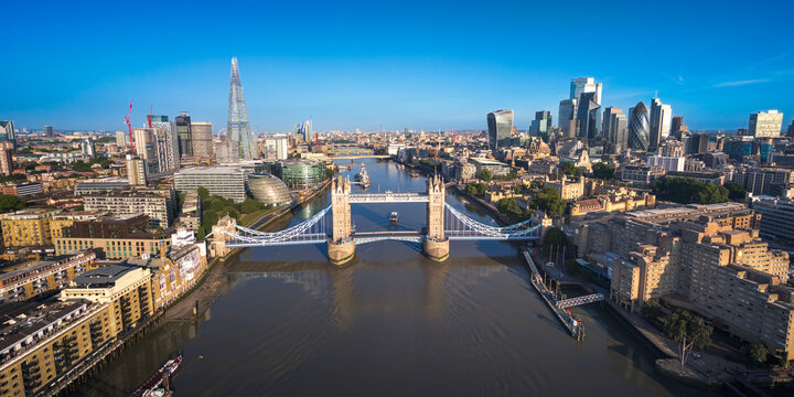 London City Skyline with Tower Bridge Aerial Panorama Early Morning Light, England, United Kingdom