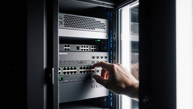 IT professional connecting a cable to a network switch in a server rack