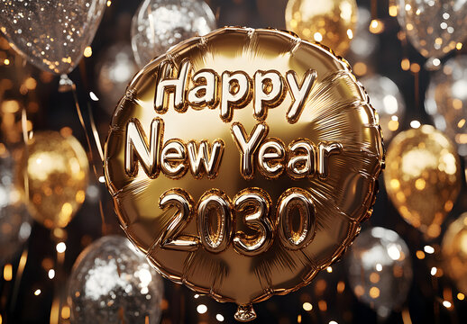 A shiny golden foil balloon displays the text "Happy New Year" with the numbers "2030". Glittering gold and silver balloons float in the air, with a background of sparkling fireworks.  - Powered by Adobe