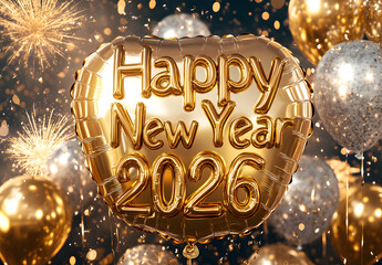 A shiny golden foil balloon displays the text "Happy New Year" with the numbers "2026". Glittering gold and silver balloons float in the air, with a background of sparkling fireworks. 
