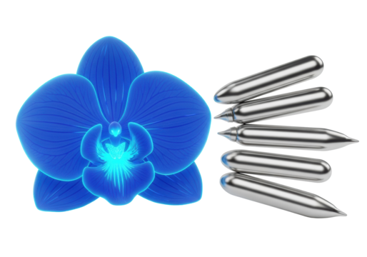 Robust electric blue digital orchid with luminous petals and glowing cyan core, alongside sleek metallic silver pods on a transparent background. Concept of tech and nature fusion