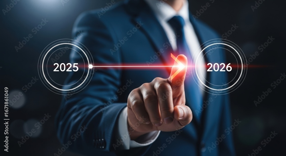 Poster businessman points to future progress from 2025 to 2026 with digital interface