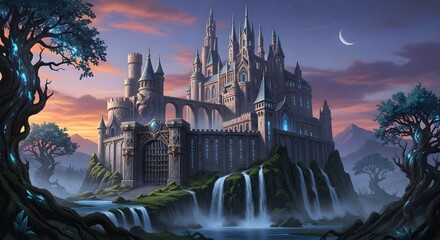 A majestic fantasy castle with waterfalls at sunset, a magical and enchanting fairytale scene
