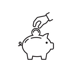 Saving money concept: Hand adding coin to piggy bank outline
