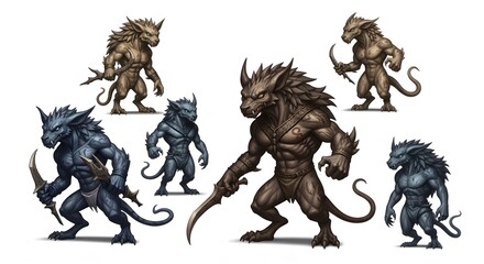 Fototapeta premium A collection of fantasy werewolf characters with various designs isolated on white background