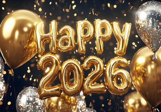 A shiny golden foil balloon displays the text "Happy New Year" with the numbers "2026". Glittering gold and silver balloons float in the air, with a background of sparkling fireworks. 