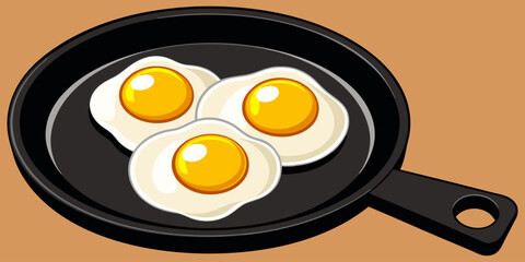 A realistic image of two sunny-side-up eggs cooking in a black cast iron skillet. The eggs have bright yellow-orange yolks and set white edges, sprinkled lightly with black pepper. The skillet sits on