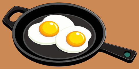 A realistic image of two sunny-side-up eggs cooking in a black cast iron skillet. The eggs have bright yellow-orange yolks and set white edges, sprinkled lightly with black pepper. The skillet sits on