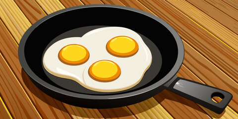 A realistic image of two sunny-side-up eggs cooking in a black cast iron skillet. The eggs have bright yellow-orange yolks and set white edges, sprinkled lightly with black pepper. The skillet sits on