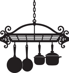 Antique cast iron pan design with a vintage hanging signboard frame