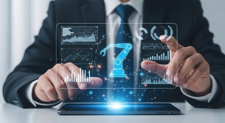 Fototapeta premium Businessman interacting with futuristic holographic display of robot and data