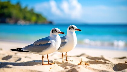 Fototapeta premium Two seagulls stand side-by-side on a pristine beach, turquoise water and lush greenery in the background