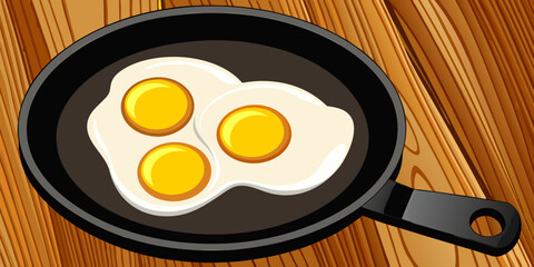 A realistic image of two sunny-side-up eggs cooking in a black cast iron skillet. The eggs have bright yellow-orange yolks and set white edges, sprinkled lightly with black pepper. The skillet sits on