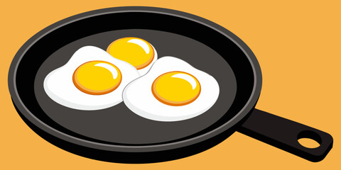A realistic image of two sunny-side-up eggs cooking in a black cast iron skillet. The eggs have bright yellow-orange yolks and set white edges, sprinkled lightly with black pepper. The skillet sits on