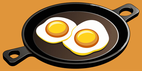 A realistic image of two sunny-side-up eggs cooking in a black cast iron skillet. The eggs have bright yellow-orange yolks and set white edges, sprinkled lightly with black pepper. The skillet sits on