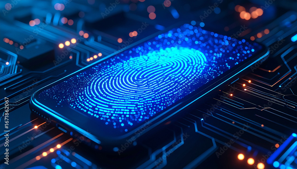 Poster fingerprint scanning technology: a close-up view showcases the biometric fingerprint authentication,