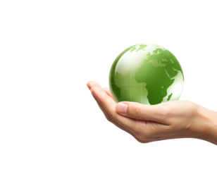 Realistic Human Hand Holding Green Globe with Continents, Isolated on Transparent Background