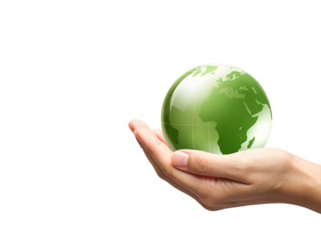 Realistic Human Hand Holding Green Globe with Continents, Isolated on Transparent Background