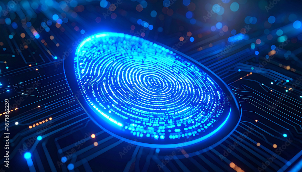 Poster digital fingerprint: an illuminating close-up captures a neon-blue fingerprint glowing atop a circui
