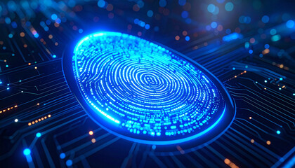 Digital Fingerprint: An illuminating close-up captures a neon-blue fingerprint glowing atop a circuit board, evoking the essence of digital security and identity authentication.