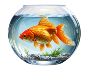 Realistic Golden Goldfish Swimming in Round Glass Bowl, Isolated on Transparent Background