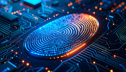 Digital Fingerprint Security: A close-up shot of an illuminated fingerprint integrated into a circuit board, depicting a futuristic vision of identity verification.