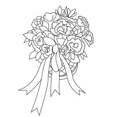 festive bouquet of carnations and roses is drawn in black outline on white background. festive element of a wedding, anniversary, or birthday. stock vector illustration. EPS 10.