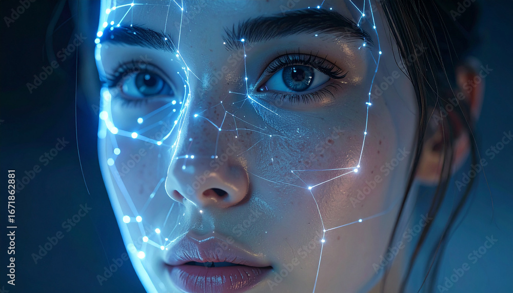 Poster digital face recognition: a close-up view of a person's face with digital facial recognition overlay