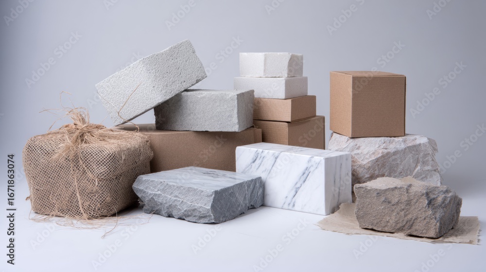 Poster assorted white and brown boxes with stone blocks minimal packaging design