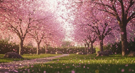 Fototapeta premium 優しく輝く桜並木道 春の光が舞い散る花びら 穏やかな風景. AI Generated