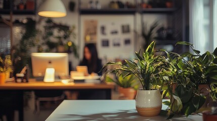Modern office desk with plants computer and creative workspace lifestyle interior