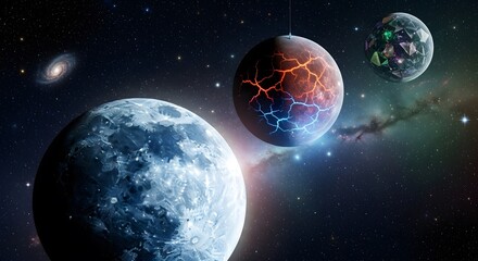 Three planets in space with stars, galaxy, and nebula in a cosmic and celestial background