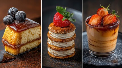Three delectable desserts a slice of cake with caramel drizzle, a layered macaron dessert with whipped cream, and a dessert glass with a rich sauce
