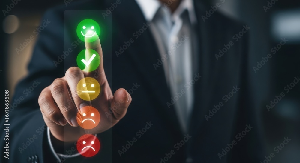 Poster hand touching a digital interface displaying customer satisfaction ratings