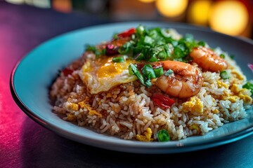 Close up view of a plate of savory shrimp fried rice with a fried egg and scallions